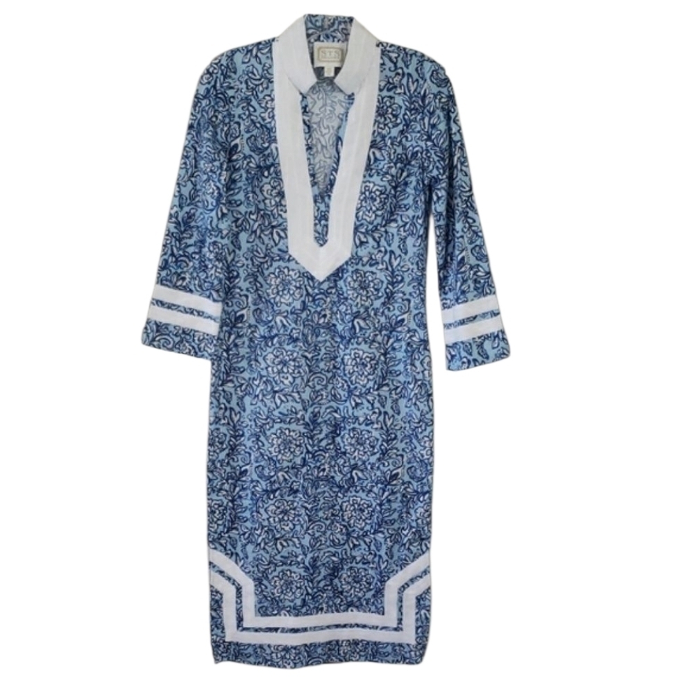 STS Sail To Sable Blue and White Patterned V-Neck Tunic Dress Size XXS